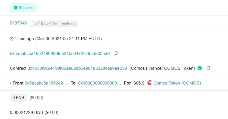We just Buyback and Burned 307 COMOS
+bscscan.com/tx/0xd967200bb…
+bscscan.com/tx/0x8f9c0b9e3…
<a href="/ComosF/">Comos Finance</a> #YieldFarming #BinanceSmartChain #Bitcoin #BNB #DeFi #crypto #COMOS