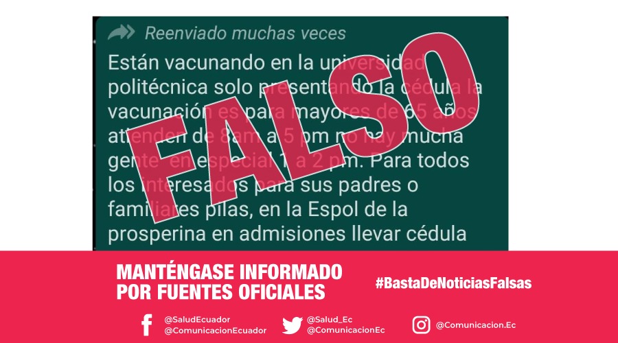 Salud_Ec's tweet photo. #BastaDeNoticiasFalsas | Le recordamos a la ciudadanía que para recibir la #VacunaCOVID19 debe registrarse primero en la página https://t.co/ShZj2egjnI y esperar el SMS o correo electrónico que informa la hora y lugar de aplicación de la misma. 

¡Evitemos aglomeraciones! https://t.co/wllvSGtCxt