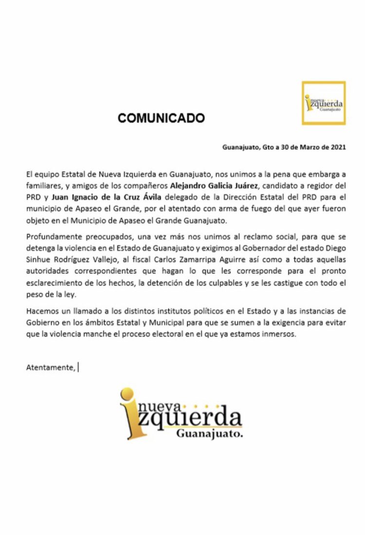 NvaIzq's tweet photo. En Nueva Izquierda nos unimos a la exigencia de justicia para nuestros compañeros militantes del @PRDMexico Alejandro Galicia Juárez  y Juan Ignacio Cruz de Ávila ante el atentado contra sus vidas en Apaseo el Grande  #Guanajuato   @diegosinhue @carloszamarr https://t.co/jk5VjDnogj
