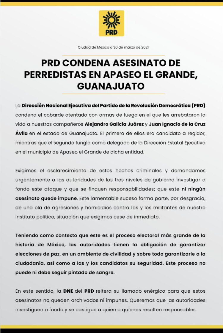 NvaIzq's tweet photo. En Nueva Izquierda nos unimos a la exigencia de justicia para nuestros compañeros militantes del @PRDMexico Alejandro Galicia Juárez  y Juan Ignacio Cruz de Ávila ante el atentado contra sus vidas en Apaseo el Grande  #Guanajuato   @diegosinhue @carloszamarr https://t.co/jk5VjDnogj