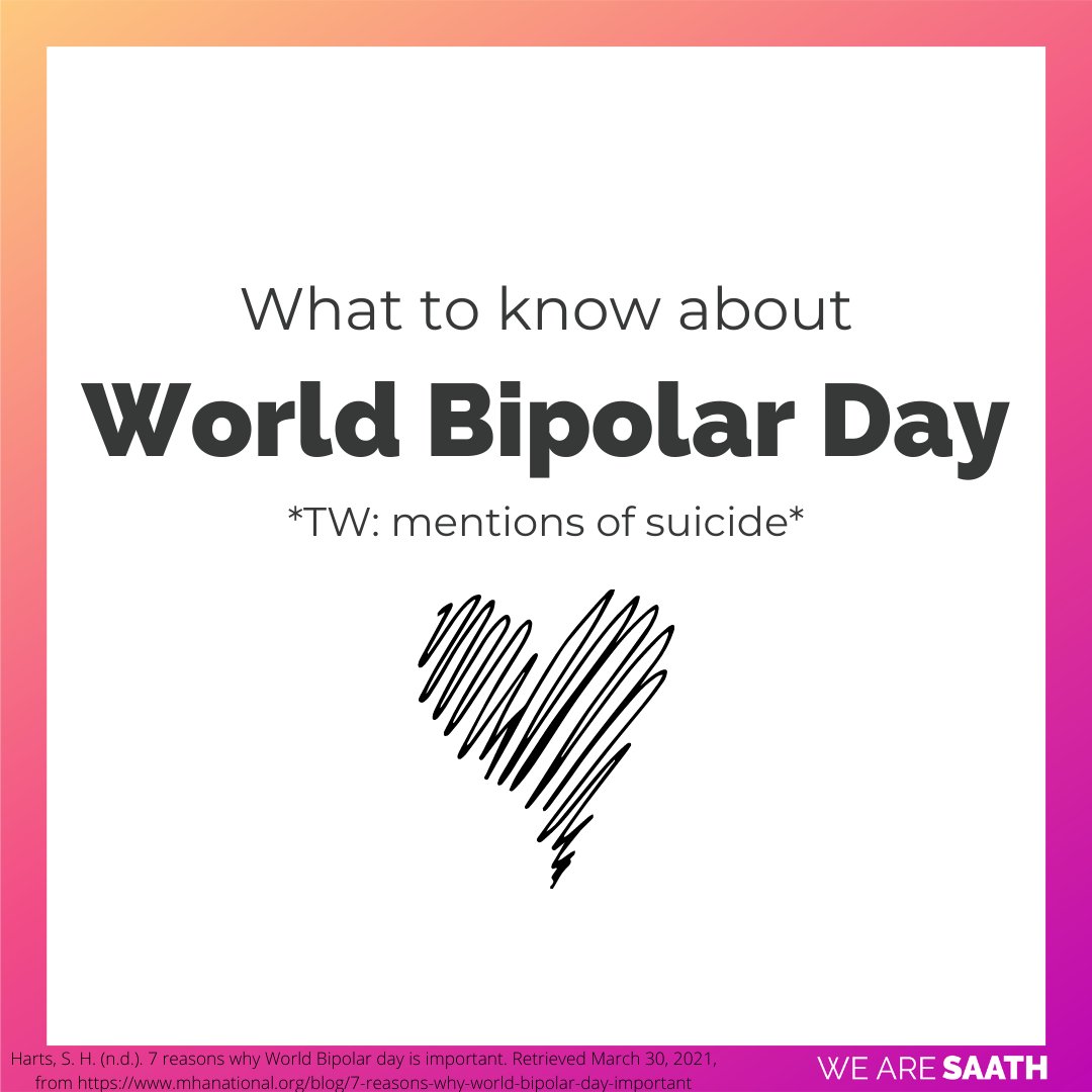 wearesaath's tweet photo. What to know about World Bipolar Day
*TW: mentions of suicide*
According to Mental Health America, nearly six million Americans live with bipolar disorder. The goal of World Bipolar Day is to raise awareness and educate others of bipolar conditions, reduce the social stigma. https://t.co/0v631Q1mYY