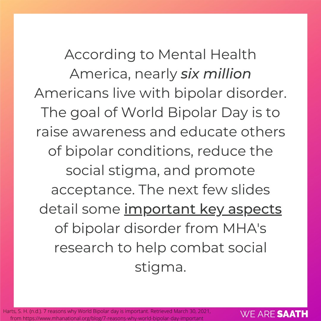 wearesaath's tweet photo. What to know about World Bipolar Day
*TW: mentions of suicide*
According to Mental Health America, nearly six million Americans live with bipolar disorder. The goal of World Bipolar Day is to raise awareness and educate others of bipolar conditions, reduce the social stigma. https://t.co/0v631Q1mYY