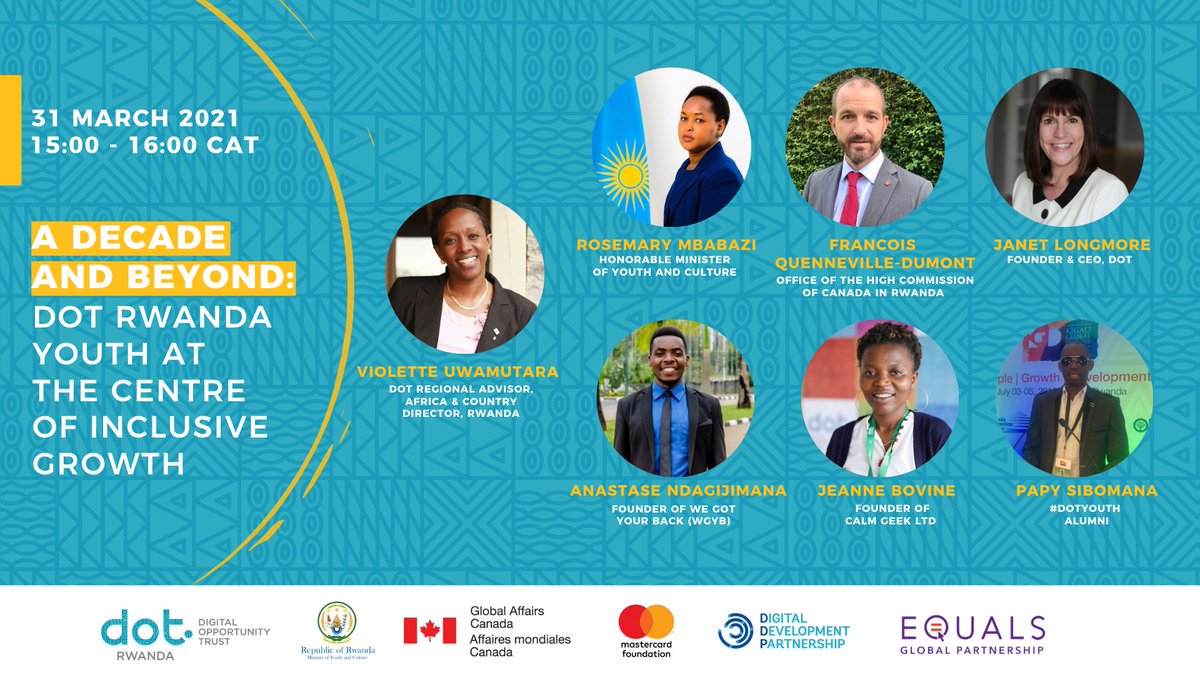 DOTRwanda's tweet photo. We are delighted to announce our distinguished speakers. Come hear our Guest of Honour @RMbabazi, our Founder &amp; CEO @JanetLongmore, Head of Office-High Commission of Canada in Rwanda @FrancoisQDumont, our Country Director @vuwamuta
 &amp; inspiring stories of #DOTYouth #DOTRwandaAt10 https://t.co/4N35n9iswz