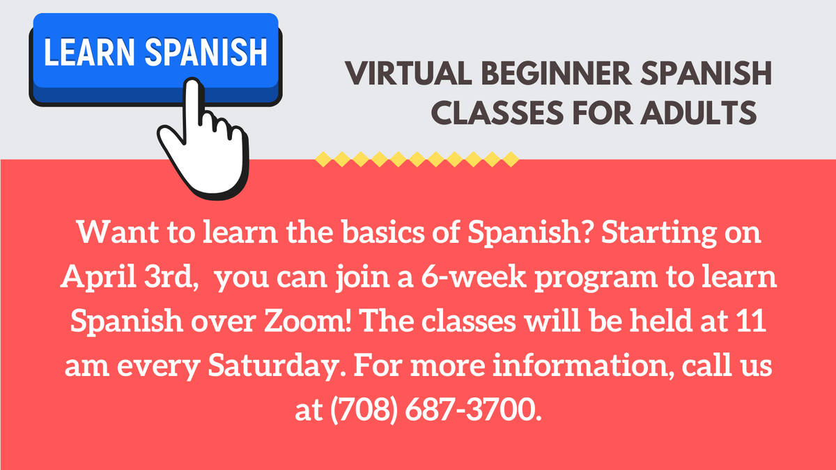 AcornPL's tweet photo. Acorn Public Library is offering virtual Spanish classes starting April 3rd! For registration, click this link https://t.co/kjJTWPbd8U or call 708-687-3700 for more information. https://t.co/sFwtIjzaTz