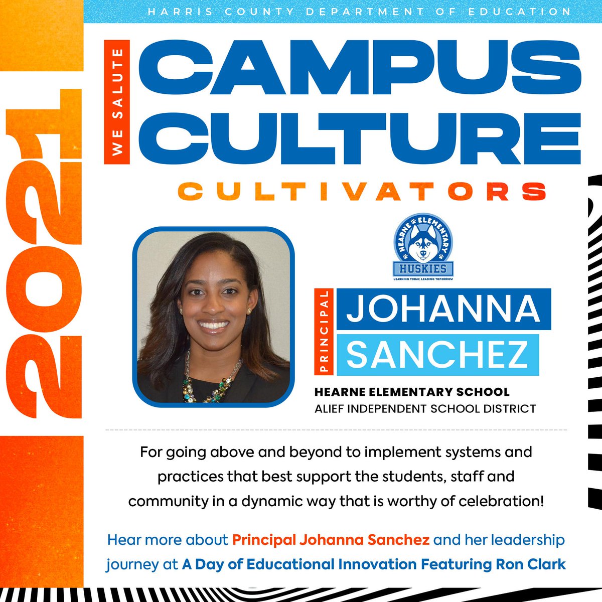 AliefISD's tweet photo. Harris County Department of Education's Teaching and Learning Center is excited to announce that Principal Johanna Sanchez is a 2021 Culture Cultivator Honoree. Hear about her journey on April 10th! #HCDEDEI2021 #HCDEImpact 

Register at: https://t.co/DljGHipZC9* https://t.co/VDPVxcFLvP