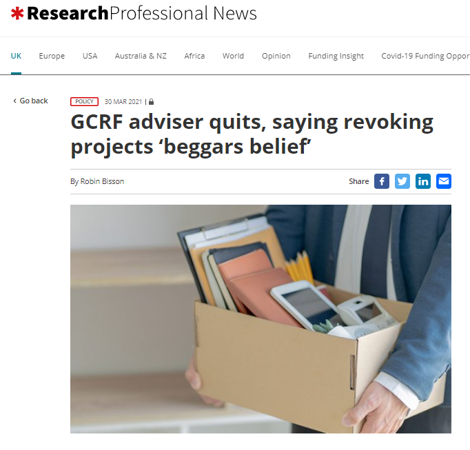 Great to see people of principle standing up to UK government decision to cut at no notice highly effective research carried out in partnership around world

👉hats off to #GCRF advisor @kevinmarsh8 

🙏 to <a href="/ResProfNews/">ResearchProfessionalNews</a> for continued coverage

bit.ly/3wbYfEi #gcrfcuts #
