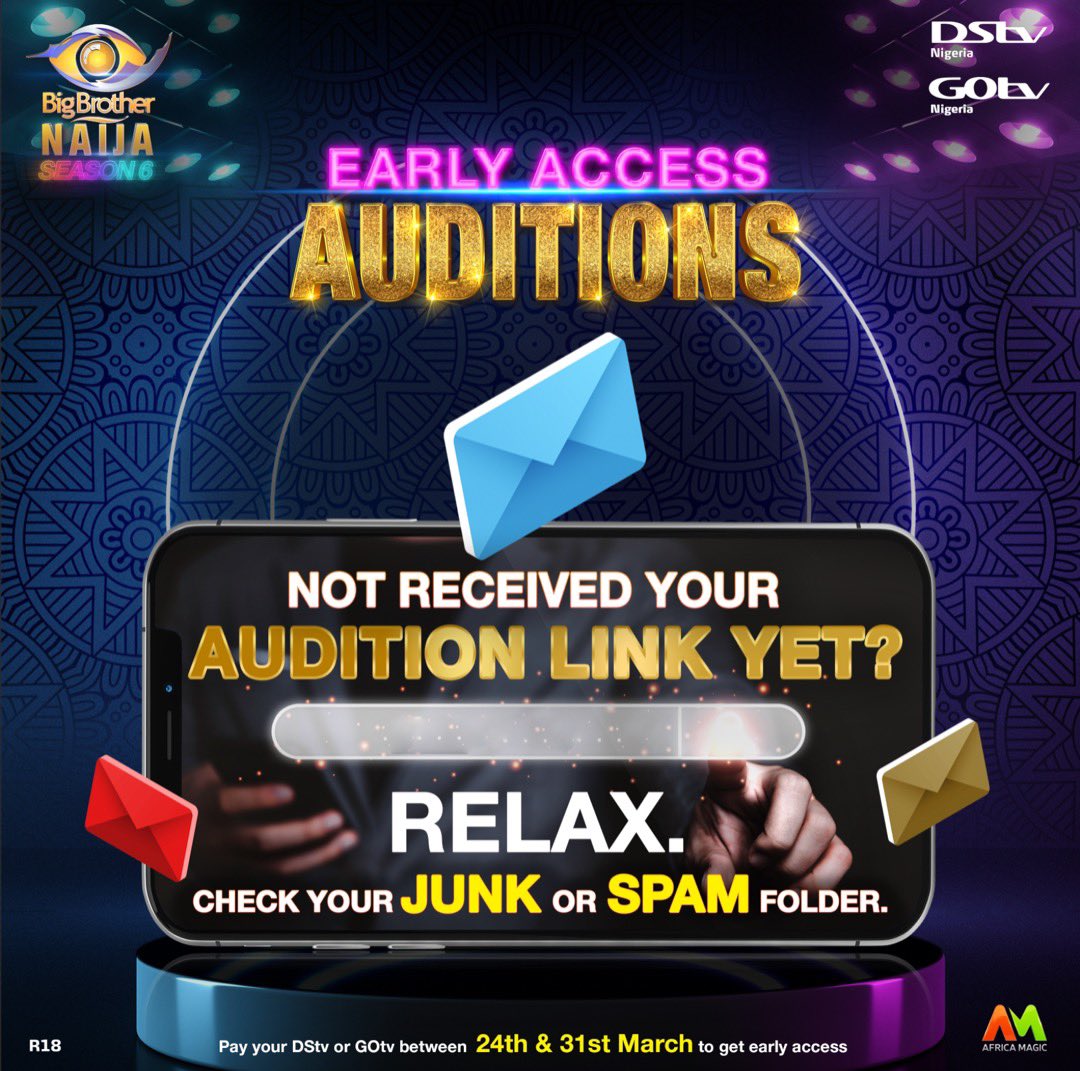 BBNaija's tweet photo. Important notice!!

If you’ve sent an email and are yet to receive your audition link, please check your junk or spam folder.

#BBNEarlyAccess https://t.co/B5d1el2K6q
