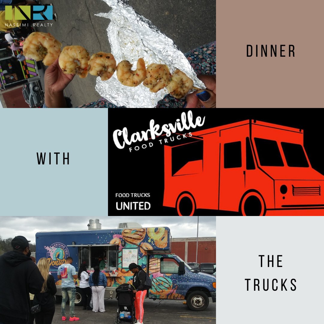 NassimiRealty's tweet photo. Rain or shine, #DinnerWithTheTrucks will always be running at #TwoRiversCenter in Clarksville, TN. Check out the amazing food that was served this past Friday! Be sure to cruise on by this Friday to see what’s on this week’s menu 🚙🍽 #outdoordining #nassimirealty #clarksvilleTN https://t.co/WNXruklqek