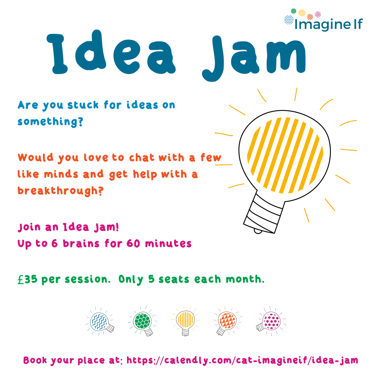 Stuck for ideas on something right now and need some help?

The next Idea Jam takes place on Wednesday 7th April at 10am.

Grab your place for £35 now! Book here -> buff.ly/34xvqWN

#IdeaJam 
#TheIdeasLady 
#Ideas