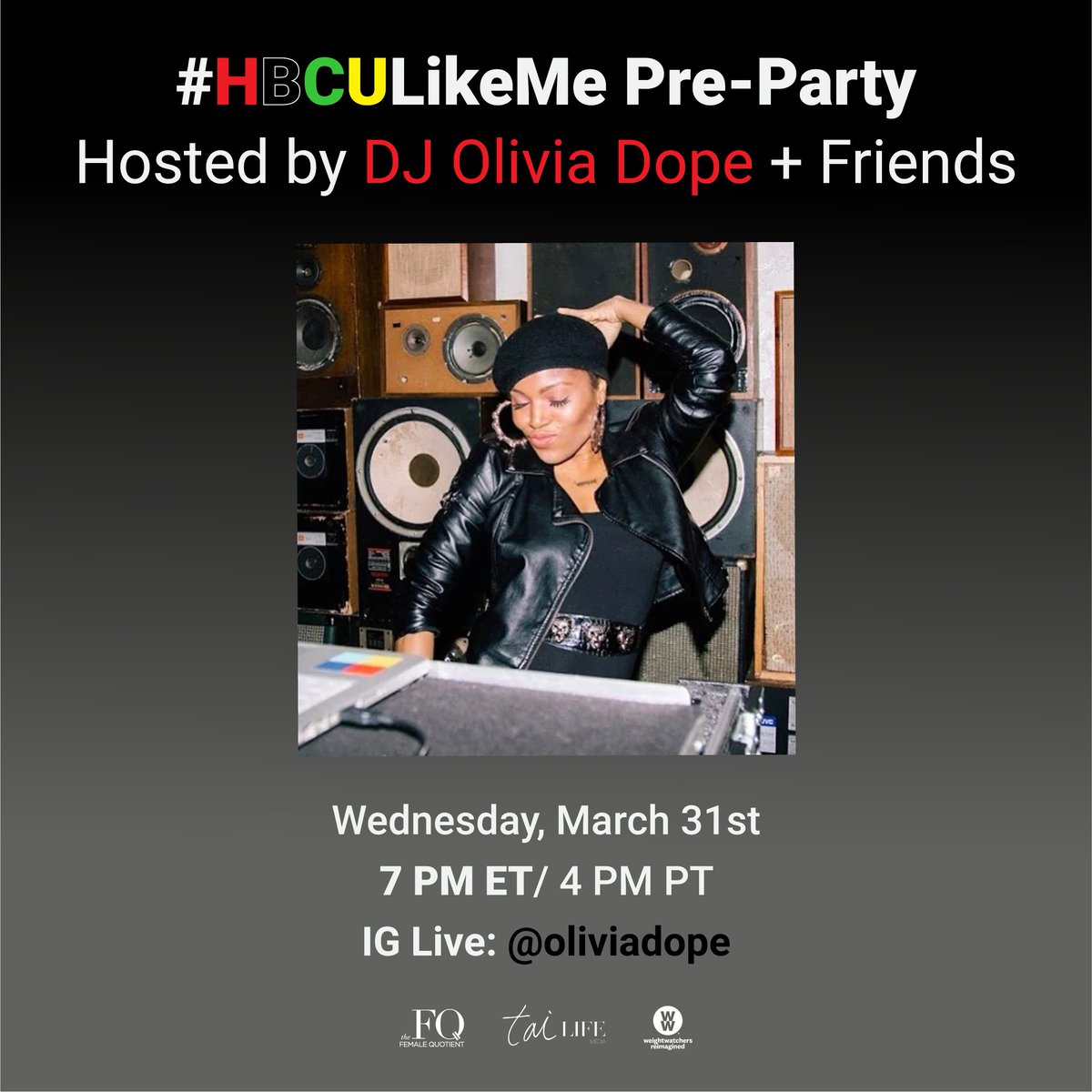 femalequotient's tweet photo. Tune in tomorrow on IG Live for a Thriving Like Me pre-party! Check out our exclusive Spotify playlist curated by DJ @oliviadope: https://t.co/8E24xtPgYL
@ww_us #TaiLifeMedia #HBCULikeMe #HBCUWeek #HBCUPulse #HBCUAlum #HBCUSince #SaveAGirl_SaveAWorld #CovidClassroom #DSTinc1913 https://t.co/94KybCq8pr