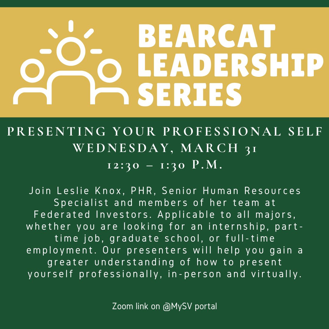 SVCcareers's tweet photo. Don't miss tomorrow's Bearcat Leadership Series.  Gain a better understanding of how to present yourself professionally directly from a team of human resources professionals.   
Saint Vincent College https://t.co/6CRMOET3Oy