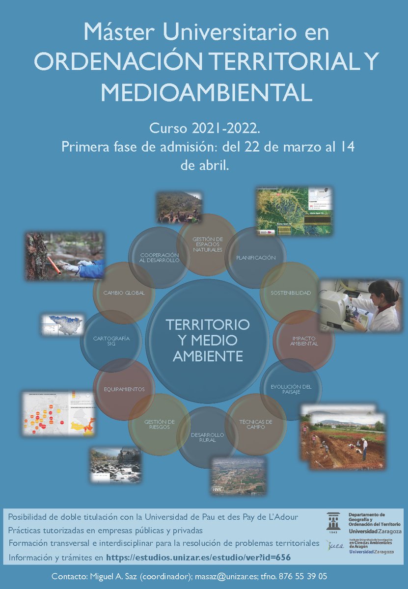 Geografia_UZ's tweet photo. Abierto el 1er. plazo de Admisión a Máster 2021/22 - Máster en Ordenación Territorial y Medio Ambiental de la Universidad de Zaragoza
@Geografia_UZ @GeografosAragon  @colegeografos  @AGE_Oficial  @IUCAunizar
https://t.co/wa6nWeNsJm https://t.co/sCq5nVNhl4