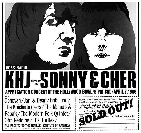 espofootball's tweet photo. #OTD Apr2,1966 Boss Radio #KHJ presents the #SonnyandCher appreciation concert at The #HollywoodBowl with #Donovan, #JanandDean, #BobLind, the #Knickerbockers, The #MamasAndPapas, The Modern Fol Quintet, #OtisRedding, The #Turtles https://t.co/thl44JIVs6