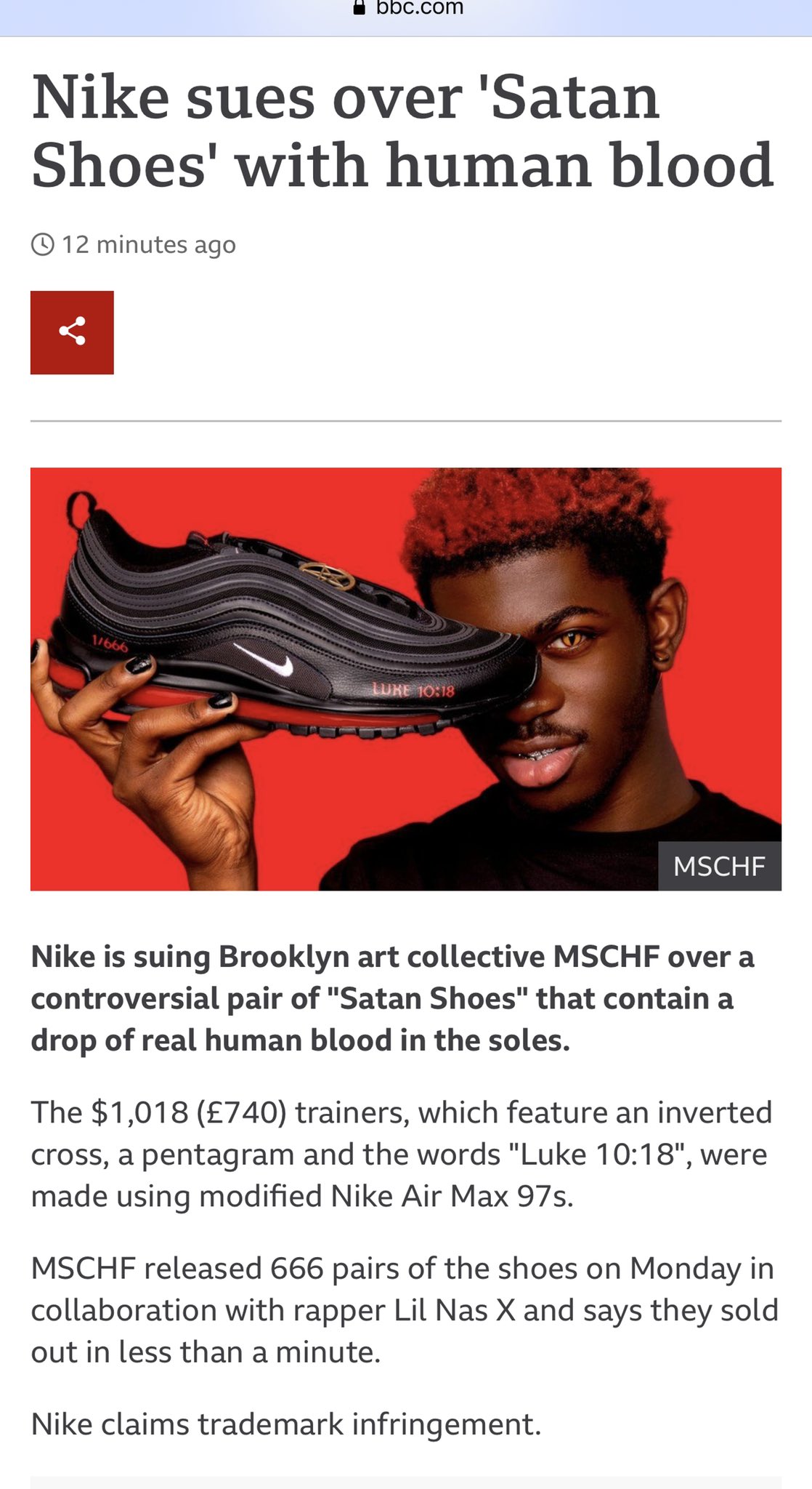 Nike sues over 'Satan Shoes' with human blood