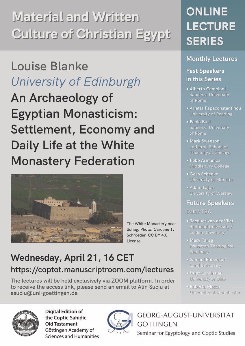 As someone who has been studying the Coptic manuscripts from the White Monastery for years, I really look forward to Louise Blanke's presentation on April 21.
If you want to attend Louise's online talk, please send me an email (the address is on the poster).