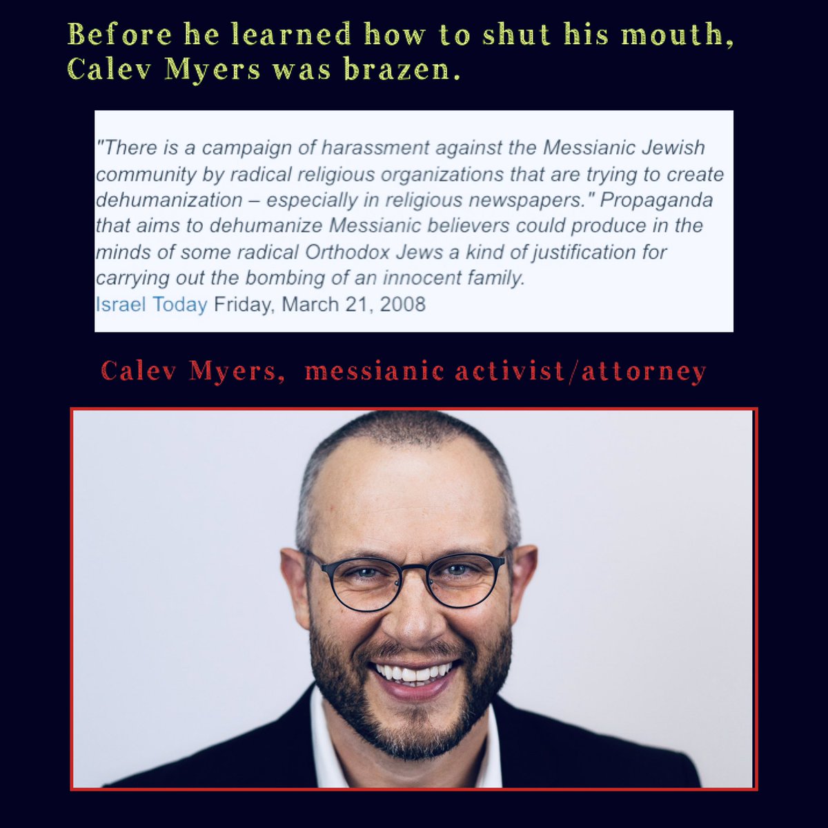 abraham_shield's tweet photo. 🛡Find out more about messianic @MyersCalev &amp; the pernicious “Jerusalem Institute For Justice” (JIJ) in Diane Bederman’s excellent article:  https://t.co/PyzSyv3qC3 Any Jew that associates with Myers or his projects will have to answer to Hashem one day. #SpiritualPredators ☠️ https://t.co/1lNTIBM6CT