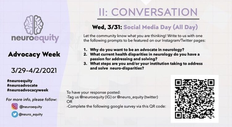 neuro_equity's tweet photo. Please join us for Neurequity’s first Neuro-Disparities Advocacy Week. We will be hosting several speakers and have multiple interactive sessions planned around advancing the conversation of health disparities in Neurology. Please scan the QR code’s attached.  See you there! https://t.co/B8a6s39mxM