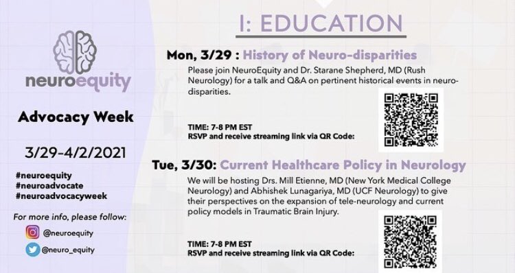 neuro_equity's tweet photo. Please join us for Neurequity’s first Neuro-Disparities Advocacy Week. We will be hosting several speakers and have multiple interactive sessions planned around advancing the conversation of health disparities in Neurology. Please scan the QR code’s attached.  See you there! https://t.co/B8a6s39mxM