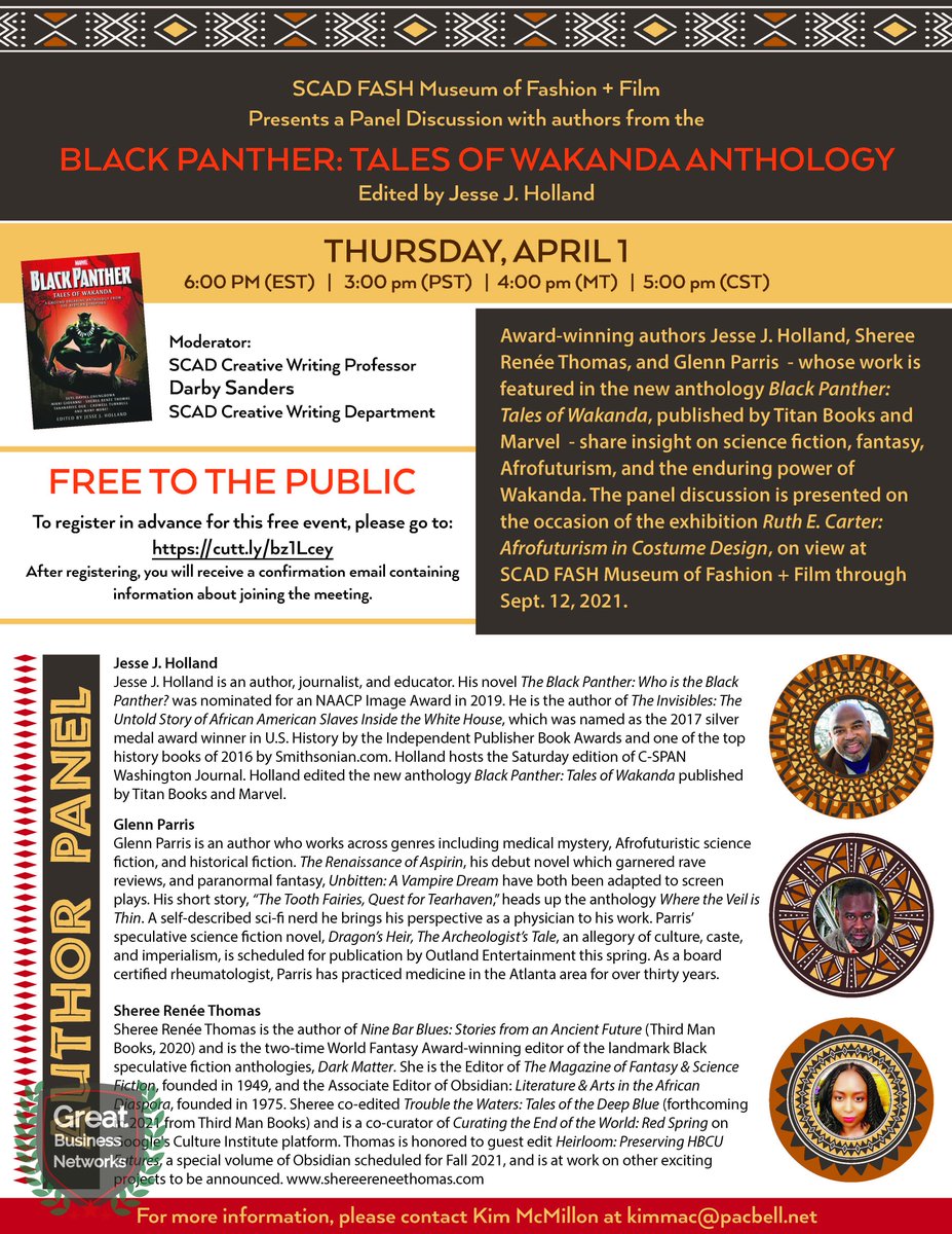 DiversityInSpec's tweet photo. SCAD FASH Museum of Fashion + Film Presents a Free Virtual Panel Discussion with authors from the BLACK PANTHER: TALES OF WAKANDA ANTHOLOGY
Thursday, April 1, 6 PM (EST) https://t.co/dNfVU8NgR1 https://t.co/2Smq9knG5R