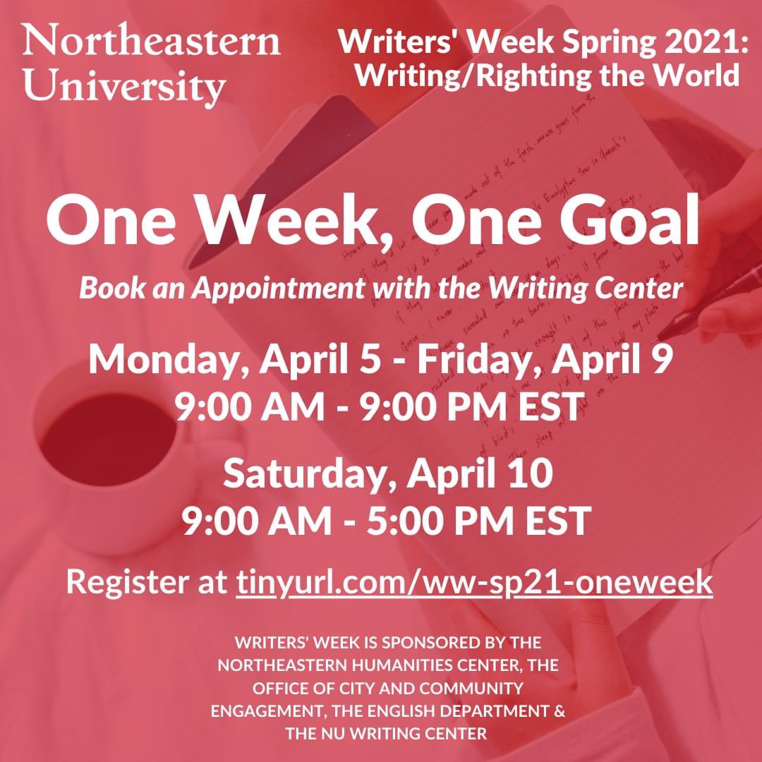 nuengaged's tweet photo. We invite members of the Boston &amp; Northeastern communities to tackle their writing goals during #OneWeekOneGoal. As part of #WritersWeek, you can book up to two appointments with the @NU_Writes to workshop your writing project with WC Tutors for free!
https://t.co/zRFHzKlDRg https://t.co/mKLGQLM7gr