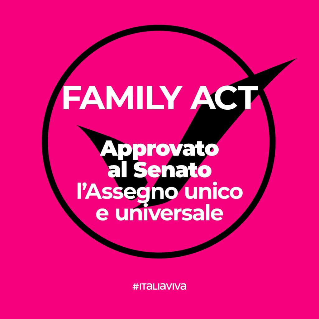 ItaliaViva's tweet photo. È fatta! L'#AssegnoUnicoUniversale è finalmente legge dello Stato. Una misura per i figli e le famiglie. Il presente e il futuro. Il primo importante tassello della prima riforma organica delle politiche familiari del nostro Paese, il #FamilyAct. https://t.co/rDR6uZbGWs