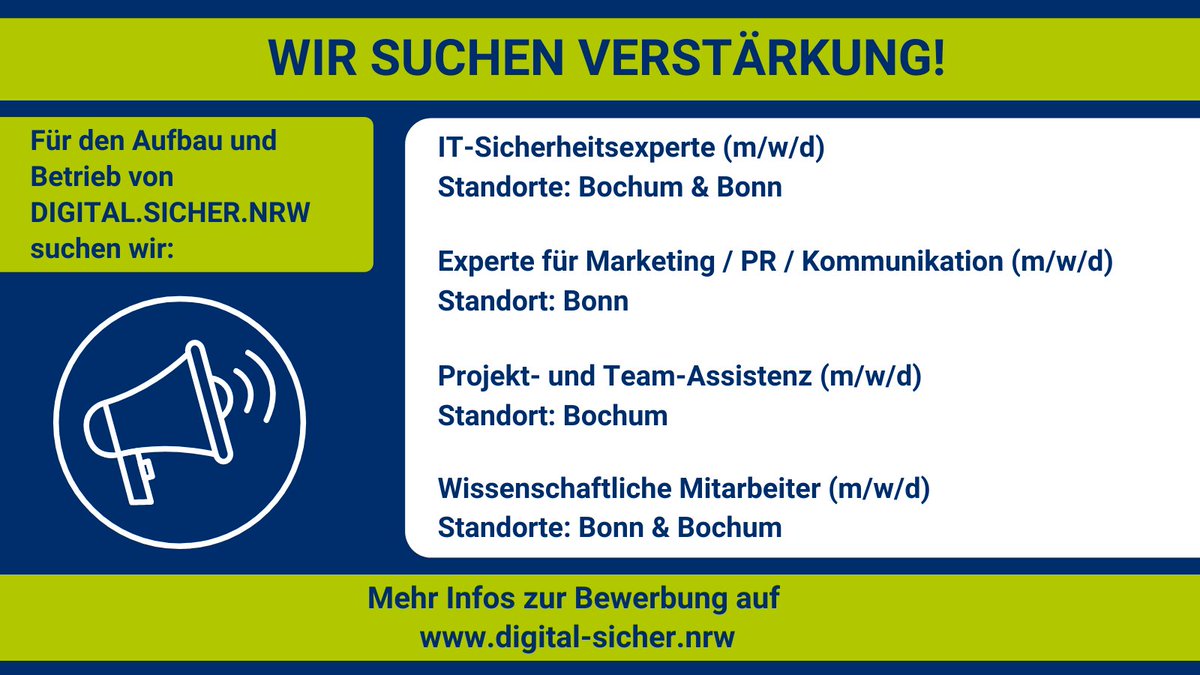 Mit uns die Zukunft in #NRW gestalten! Für unsere Standorte in #Bochum und #Bonn suchen wir zum nächstmöglichen Zeitpunkt Verstärkung, um kleine und mittlere Unternehmen bei der Umsetzung von digitaler  Sicherheit zu unterstützen. 

👉 Weitere Infos: digital-sicher.nrw