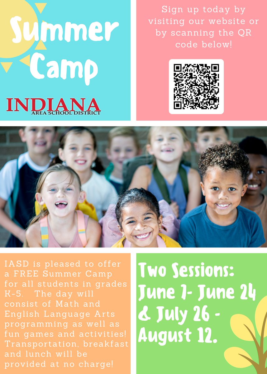 IndianaAreaSD's tweet photo. IASD Summer Camp - The Indiana Area School District is pleased to make available a free summer program for students in grades PreK-5. Hope you consider registering your child today!  https://t.co/q45AYUUsqG https://t.co/EE7pKvon7u
