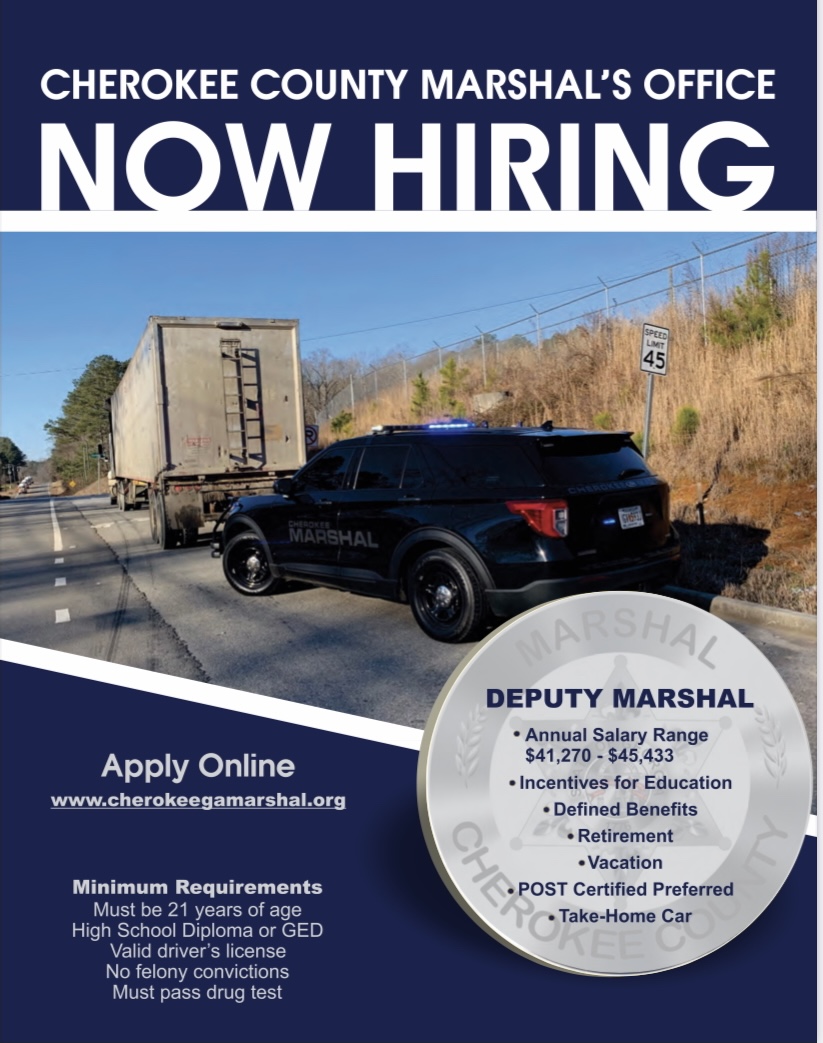 CherokeeMarshal's tweet photo. We are hiring! Please share!

Application is online at https://t.co/7srGWhNZ8C

Please apply online or swing by the Marshal’s Oficce at 959 Marietta Hwy to pick up an application. https://t.co/kpfV30yHwR