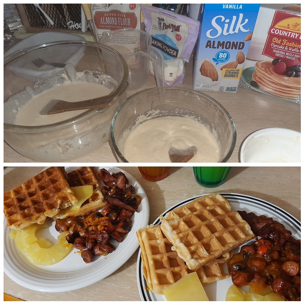 MzYolz's tweet photo. When your sticking to your almond flour and still preparing regular breakfast for the family.... SN almond flour ain't cheap #ketoprep #intermitentfasting #waffles https://t.co/OqPucJ47ez