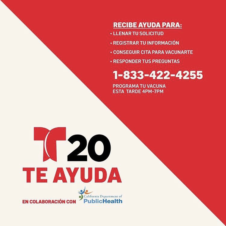 rigotlmd20's tweet photo. Las líneas telefónicas abren HOY a las 4 p.m. para traerte información y ayudarte a conseguir una cita para la vacuna 💉 en asociación con el Departamento de Salud Publica de California. 

#Telemundo20 #CuentaConNosotros #CAPublicHealth #ProgramaTuVacuna #CovidVaccine https://t.co/bYo8MuikXy