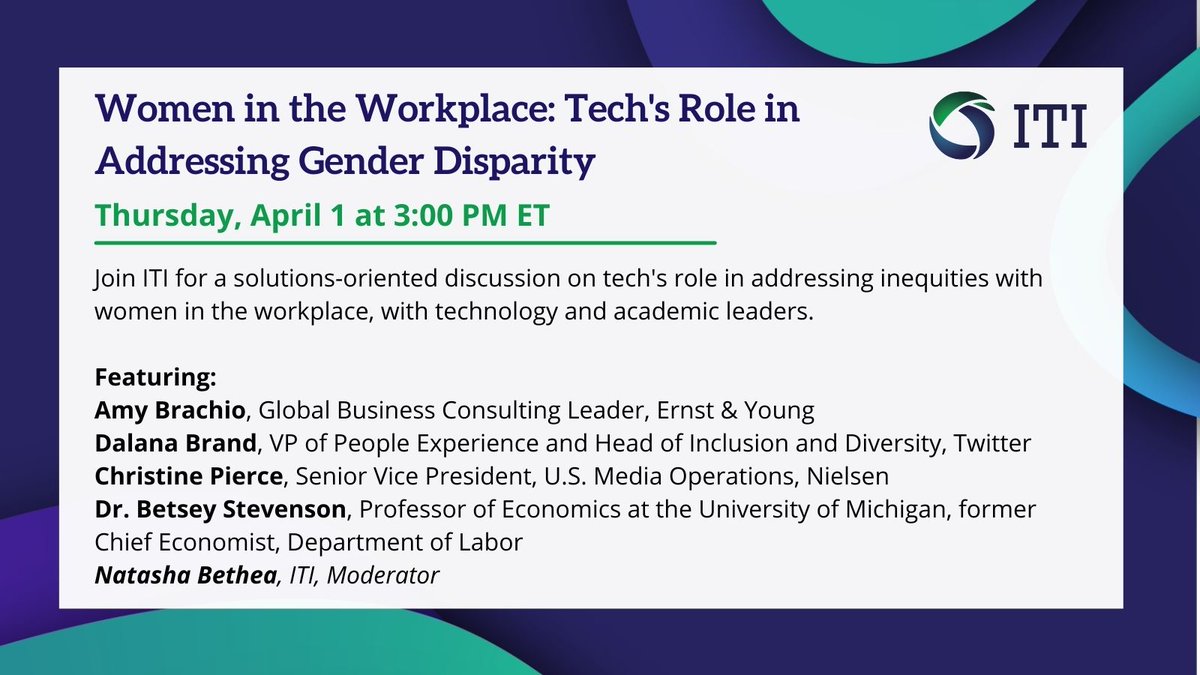 Join ITI for a solutions-oriented discussion around the tech industry's role in addressing inequities facing women in the workplace with panelists <a href="/AmyBrachio/">Amy Brachio</a>, <a href="/BetseyStevenson/">Betsey Stevenson</a>, <a href="/CGPierce/">ChristinePierce</a>, &amp; @d_lux_brand; moderated by ITI's very own <a href="/NatashaRaeSIG/">Natasha Rae Bethea</a> itic.zoom.us/webinar/regist…