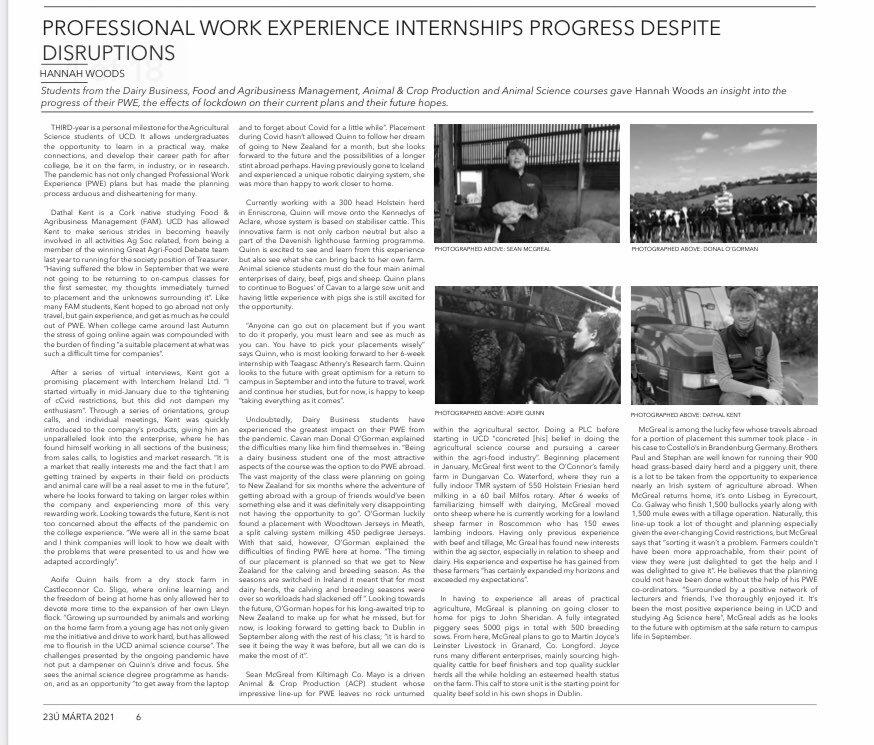 aoifequinn9's tweet photo. Very nice to be featured in this months UCD University Observer  newspaper talking about our current PWE as part of my Animal Science degree in UCD. Also featured are fellow class mates Dathal Kent,Sean McGreal and Donal O’Gorman. Thanks to @WoodsHan99 for the fantastic write up. https://t.co/RH7HNwVjwE