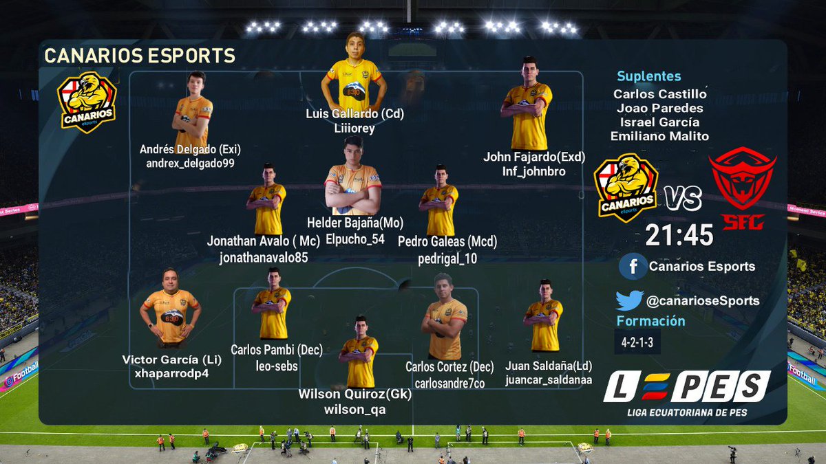Estamos listos..🟡⚫🔴
Alineación confirmada para el partido de esta noche a partir de las 21:45 ante el siempre complicado San Felipe Creew por la 5ta fecha de la Liga Ec , encuentro que puedes seguir en vivo en su página oficial
<a href="/lepesOficial/">Liga Ecuatoriana de eFootball PES</a>
 <a href="/kfcecuador/">KFCEcuador</a> 
<a href="/CinemarkEC/">Cinemark Ecuador</a>
