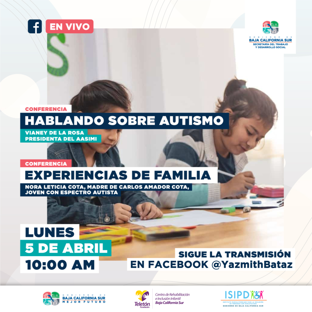 STDS_BCS's tweet photo. Te invitamos al ciclo de conferencias que ha programado el #ISIPD en coordinación con #CRITBCS para conmemorar el día Internacional del Síndrome de Down y el Día Internacional de la Concienciación sobre el Autismo. Acompáñanos este 5 de abril a las 10:00 a.m. @STDS_BCS https://t.co/P0L5BXfJzC