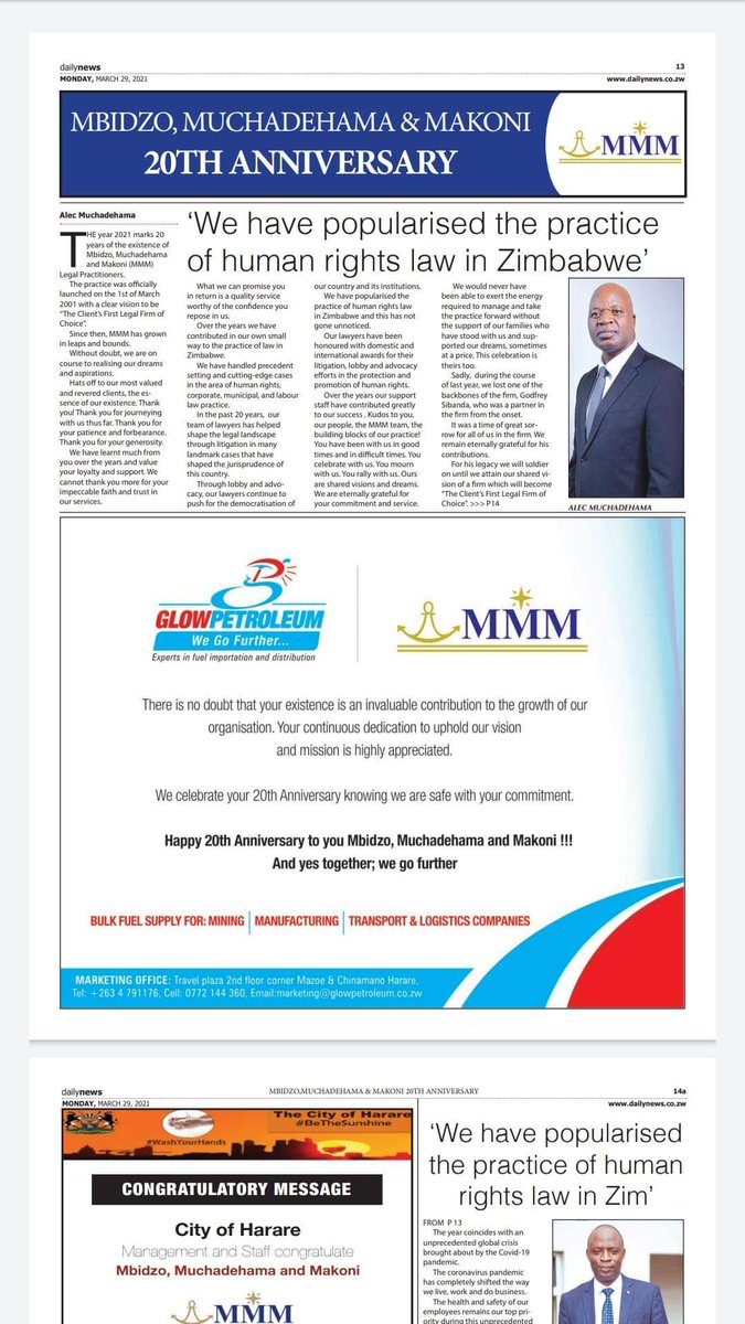 mlawzim's tweet photo. In the Press | Mbidzo  Muchadehama &amp; Makoni Legal Practitioners 20th Anniversary in the @DailyNewsZim . https://t.co/V4gprKYOFA
