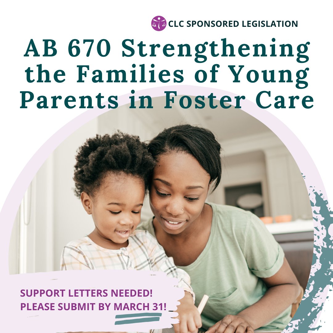 clccal's tweet photo. Take Action Now: #AB670 (@AsmLisaCalderon) will strengthen families and disrupt intergenerational involvement in the child welfare system by providing important protections for parenting youth in foster care. Send in your support letter today. Learn more: https://t.co/UFTEhXbzui https://t.co/azoSJuBpcu
