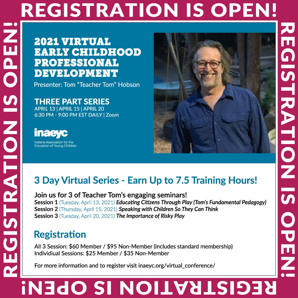 Register for the <a href="/IndianaAEYC/">Indiana AEYC</a> 2021 Virtual Early Childhood Professional Development Series with Teacher Tom. You may even be eligible for scholarship funds to attend the event. 

INFO &amp; REGISTRATION ➡️ inaeyc.org/virtual_confer…