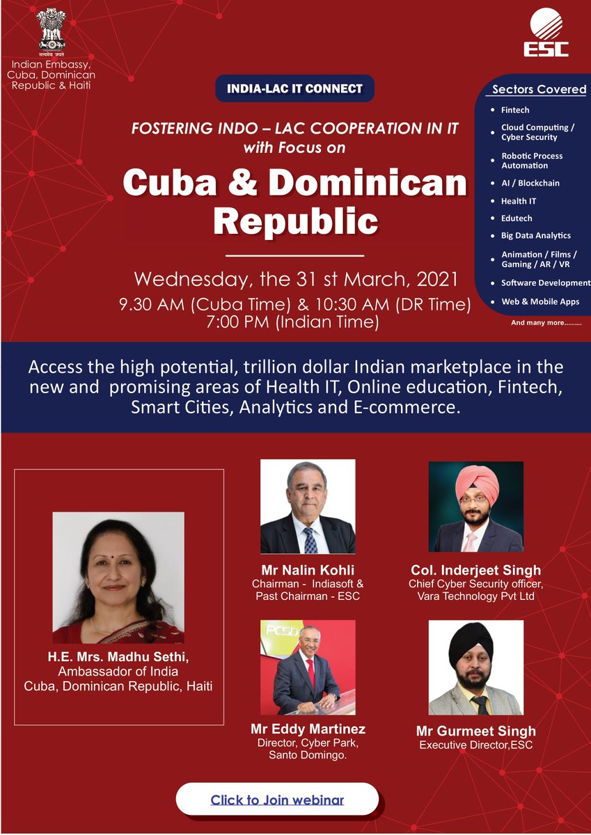 We invite you all to join the webinar "Fostering INDO-LAC Cooperation in IT" with a focus on 🇩🇴 and 🇨🇺. Wednesday 31st March 2021, 9:30am (Cuba/DR Time) and 07:00pm (India Time).
<a href="/MIREXRD/">Cancillería de República Dominicana</a> <a href="/EOIHavana/">India in Cuba</a> <a href="/ParqueCibernet1/">Parque Cibernetico </a> <a href="/eddymartinezDOM/">Eddy Martinez</a> <a href="/escnewdelhi/">ESC INDIA</a>