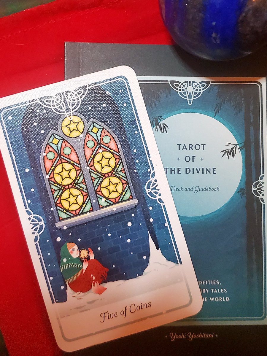 Kryocor3's tweet image. It&apos;s day two of learning the Tarot of the Divine by @yoshisquared. Today&apos;s card is the Five of Coins! Omg yall the Rider deck can&apos;t come close to the amount of symbolism you get from The Little Match Girl. Sacrificing her last bit of security to see her grandma one last time 😔