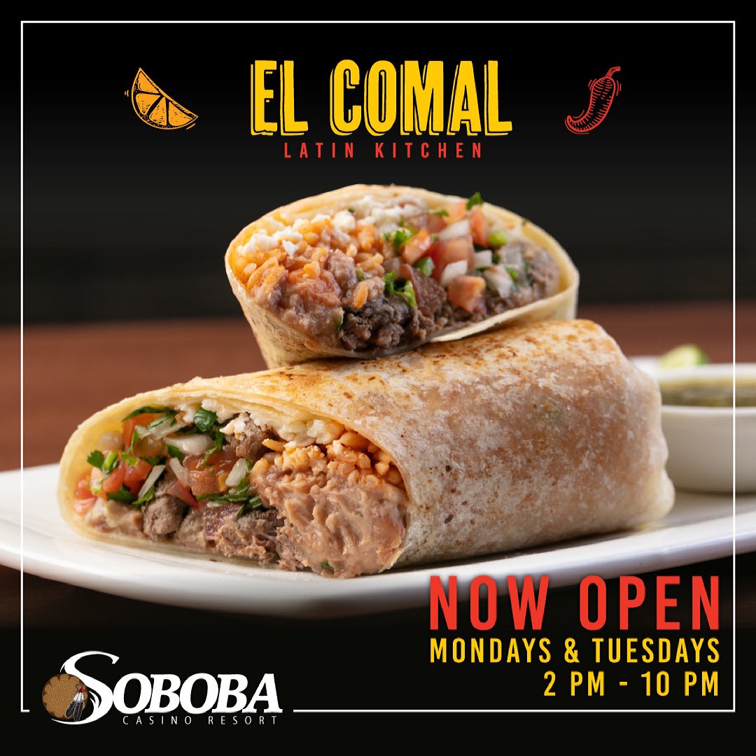SobobaCasino1's tweet photo. Stop by at El Comal today for a delicious burrito, or grab some tacos for #TacoTuesday 🌮 #ElComal #Mexican #Hemet #Soboba #Spicy #Temecula #Menifee #SobobaCasino https://t.co/pov879JZa0