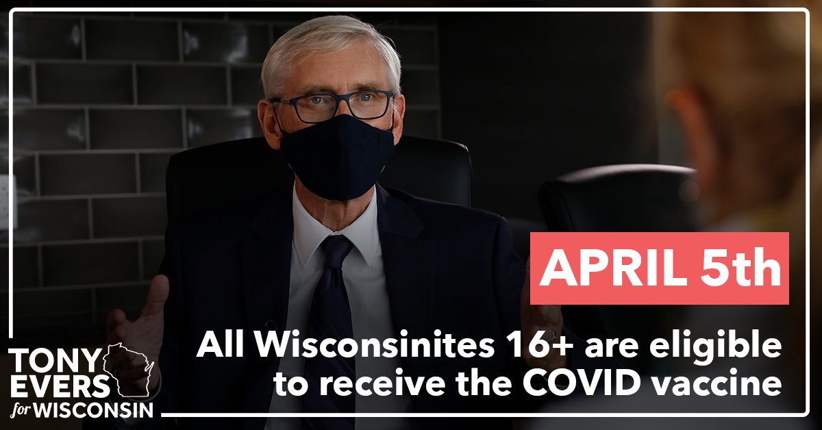 Tony4WI's tweet photo. Wisconsin is leading the nation in getting shots into arms. We got here by following the science and empowering our healthcare professionals. Thanks to this success, anyone 16+ can sign up for their #COVID19 vaccine starting April 5th. https://t.co/qNlVTLmeF6