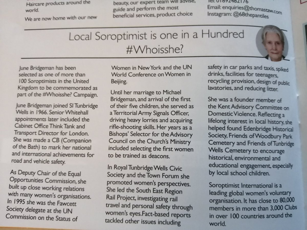 SITWD's tweet photo. Delighted to see our report printed in the Town Crier, distributed to 11k homes in #TunbridgeWells #soroptimist June Bridgeman one of the UK 100 #whoisshe as part of the Centenary celebrations for @SIGBI1 @SI_SouthEast #soroptimistinternational #brightpast #brilliantfuture https://t.co/FKJJOqxGxm