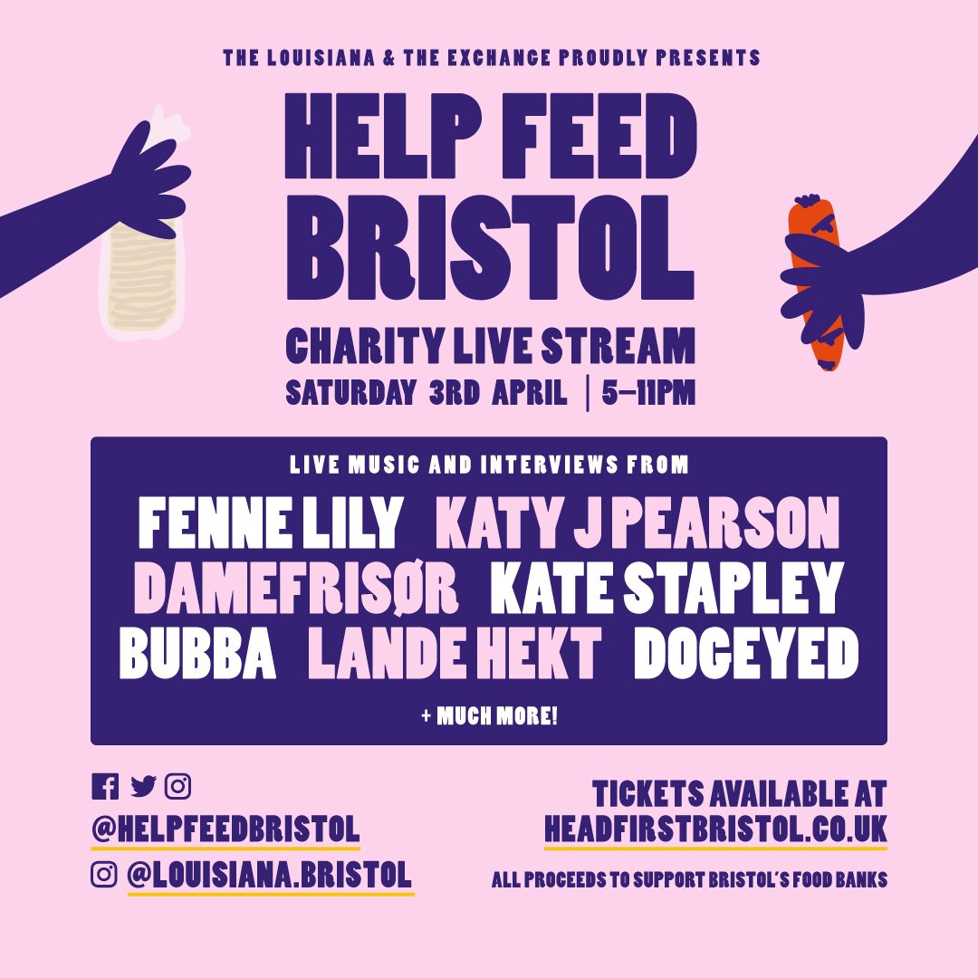 <a href="/helpfeedbristol/">Help Feed Bristol</a> LIVESTREAM ft. @katyjpearsonband <a href="/FenneLily/">Fenne Lily</a> @damefrisor <a href="/KateStapley/">Kate Stapley</a> <a href="/DOGEYED666/">Dogeyed</a> <a href="/landeyo/">Yolande Bersier</a> &amp; more! Sets performed at ours and <a href="/louisiana/">Louisiana</a>.bristol 😀🙌