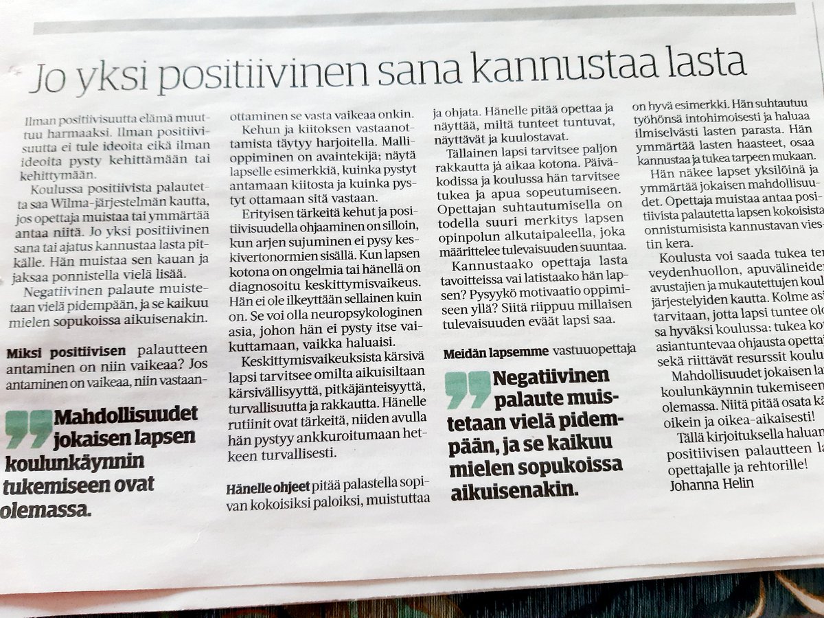 "Jo yksi positiivinen sana kannustaa lasta pitkälle. Hän muistaa sen kauan ja jaksaa ponnistella vielä lisää. ❤

Negatiivinen palaute muistetaan vieläkin pidempään, ja se kaikuu mielen sopukoissa aikuiseksikin." Johanna Helin <a href="/ESSonline/">ESS</a> 30.3.21 #mielipide #nuoret #kannustus