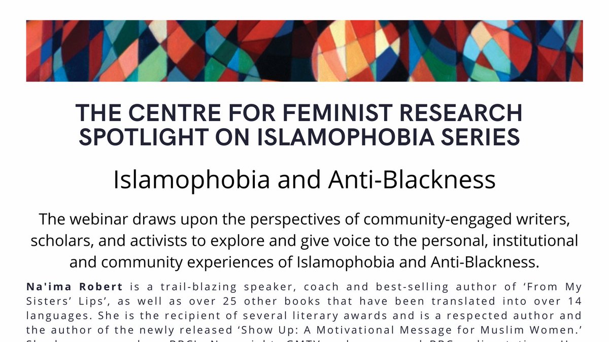 Centre For Feminist Research (@cfr_york) on Twitter photo Happening this Thursday!
"Islamophobia and Anti-Blackness" with <a href="/NaimaBRobert/">Na'ima B. Robert</a> @mohamedduale_ and Hannah Ali. Reserve your spot today! yorku.ca/cfr/event/spot…
<a href="/YUResearch/">York U Research & Innovation</a> <a href="/YorkULAPS/">Faculty of Liberal Arts & Professional Studies</a> <a href="/YorkUeducation/">York University Education</a> @VidyaShah6 <a href="/ChowdhurySayema/">Sayema</a> Happening this Thursday!
"Islamophobia and Anti-Blackness" with <a href="/NaimaBRobert/">Na'ima B. Robert</a> @mohamedduale_ and Hannah Ali. Reserve your spot today! yorku.ca/cfr/event/spot…
<a href="/YUResearch/">York U Research & Innovation</a> <a href="/YorkULAPS/">Faculty of Liberal Arts & Professional Studies</a> <a href="/YorkUeducation/">York University Education</a> @VidyaShah6 <a href="/ChowdhurySayema/">Sayema</a>