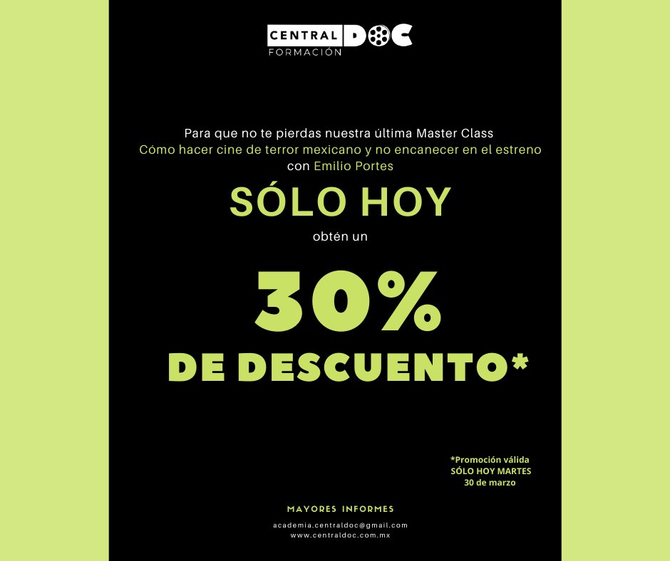 central_doc's tweet photo. No dejen pasar la oportunidad de asistir a la Master Class Cómo hacer cine de terror mexicano y no encanecer en el estreno con Emilio Portes!!
La promoción es SÓLO HOY!!!
Inscripciones en  https://t.co/BrrmjO2qSc https://t.co/FIASR2TSO2