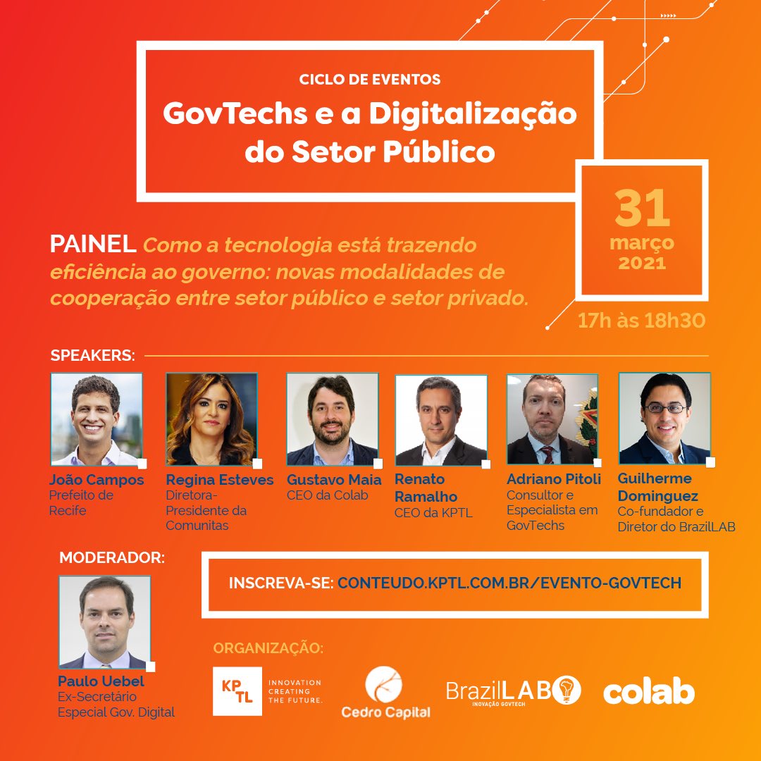 Amanhã, às 17h, o <a href="/BrazilLab/">BrazilLAB</a>, KPTL, Cedro Capital e Colab apresentam o primeiro evento da série “GovTechs e a Digitalização do Setor Público”.

Anote na agenda e venha participar:
📅 31 de março
⏰ 17h00 às 18h30 
📌 transmissão online: bit.ly/3txaXeI