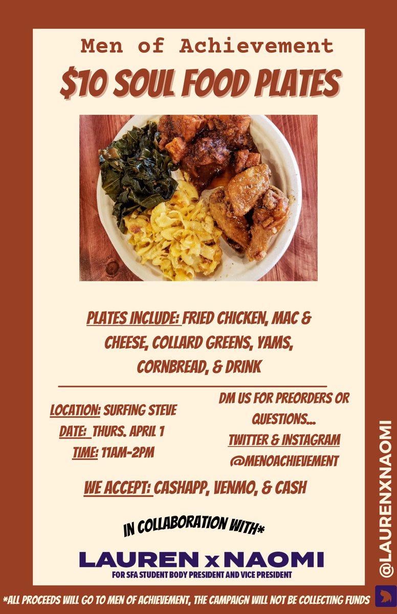 MenOAchievement's tweet photo. Y’all come get a plate on Thursday April 1st! #WriteItIn https://t.co/UWE65FIRJ4