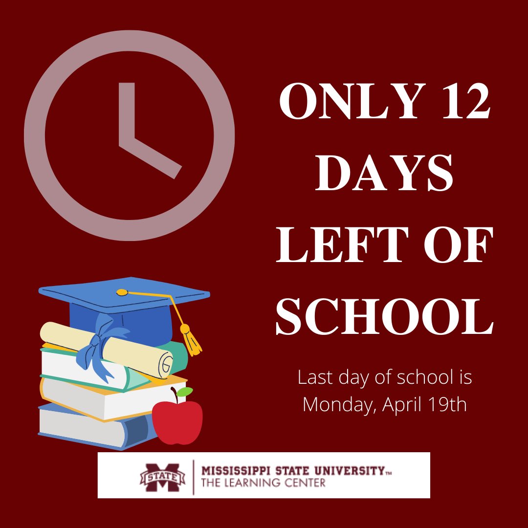 🚨THE FINAL COUNTDOWN HAS BEGUN🚨 

There are only 12 schools days left before the last day of classes. Start preparing yourself for success now and come see us! We’re here to help. #finishstrong #hailstate