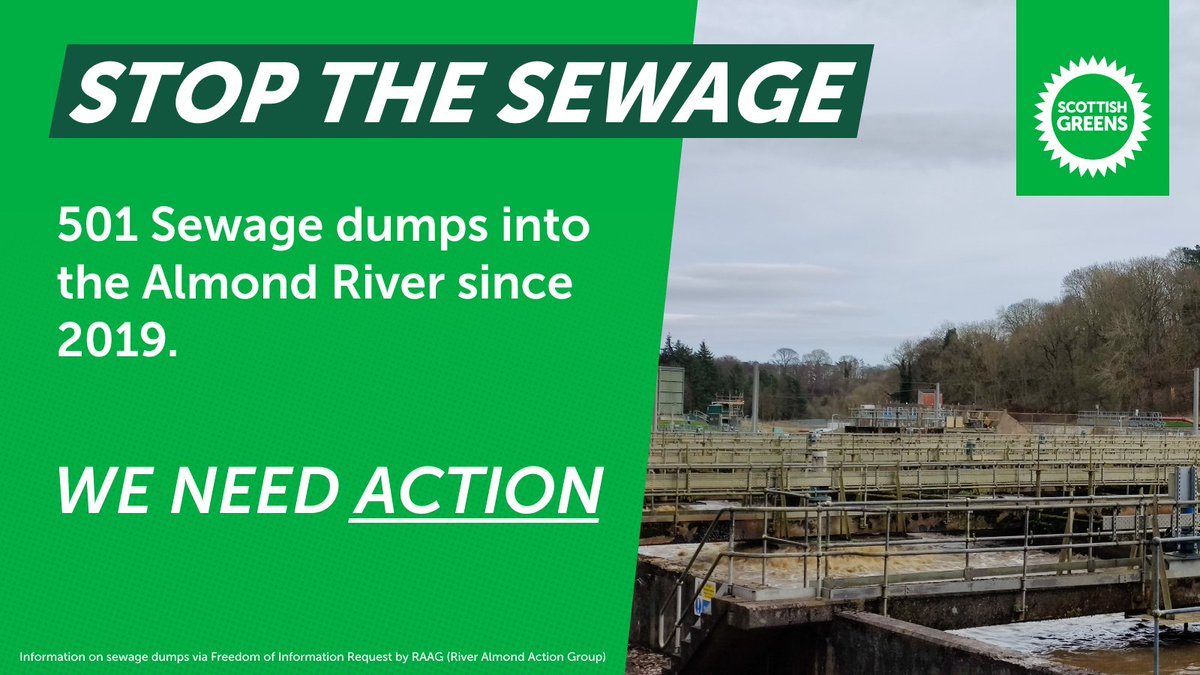 🚫Greens are calling for action against irresponsible sewage discharges in the River Almond. We want to stop the dumps and improve treatment services.

🚨Since 2019 approx. 572,577 cubic litres of sewage have been dumped in the River Almond by 4 treatment works.
#StopTheSewage
